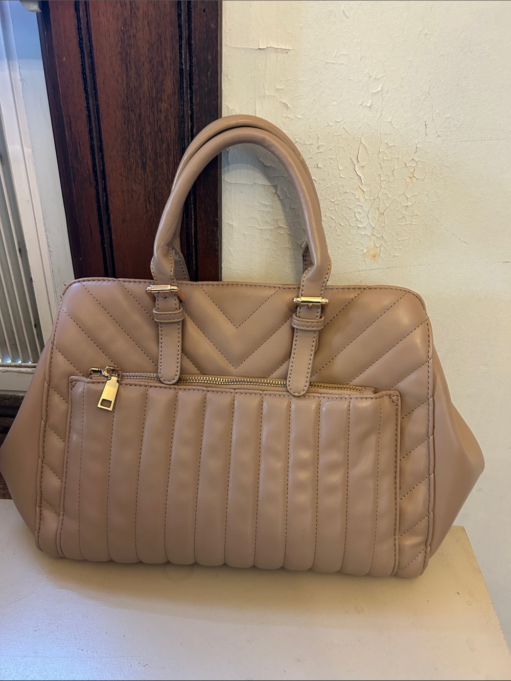 Quilted Taupe Women's Top-Handle Satchel Gold Hardware EUC